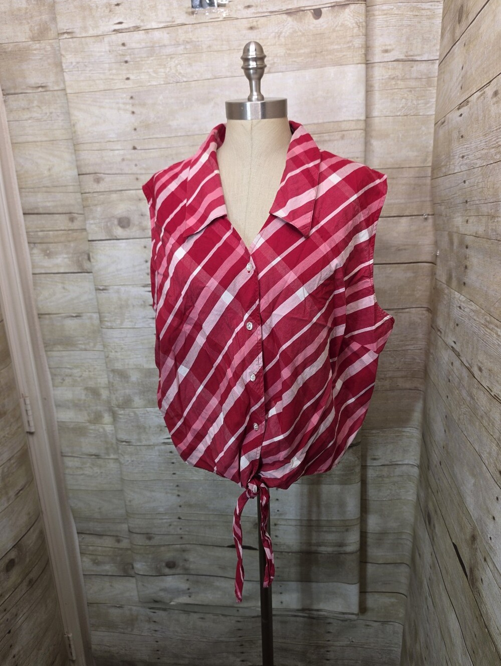 Faded Glory Pink and White Striped Tie-Front Sleeveless Blouse